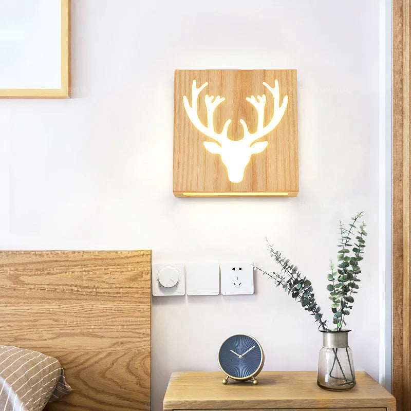 Solid wood wall lamp with Happiness Tree pattern, Japanese modern style, 220V LED, three colours