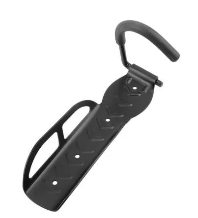 Black steel mountain bike wall rack with sponge-protected hook, measuring 260x130x70mm, loaded with a mountain bike