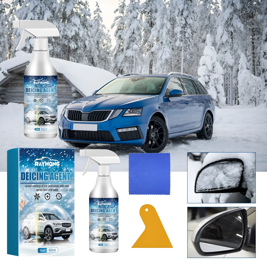 60ml car de-icer spray bottle and cloth scraper for winter windscreen ice removal.