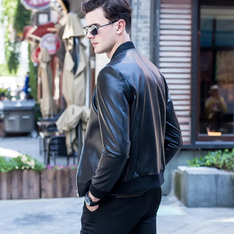 Men's black sheepskin leather baseball collar jacket with full sleeves and front zip closure