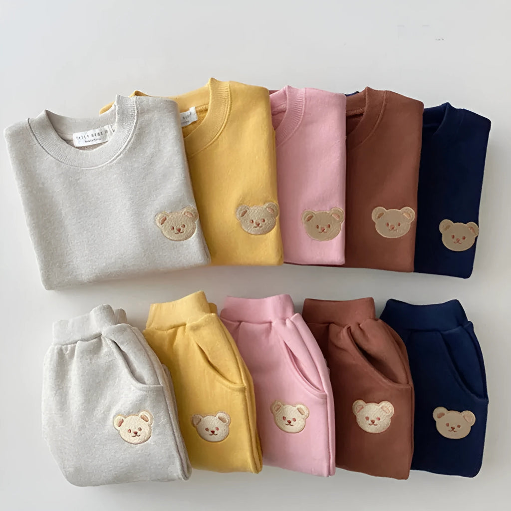 Children's cotton bear round neck sweater and trousers two piece set in yellow, dark blue, brown, pink, light gray