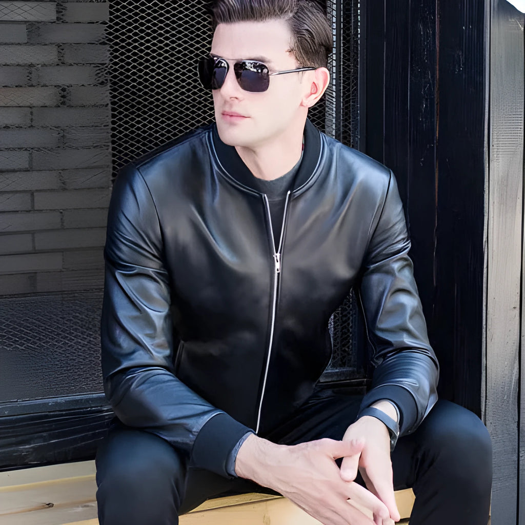 Men's black sheepskin leather baseball collar jacket with full sleeves and front zip closure