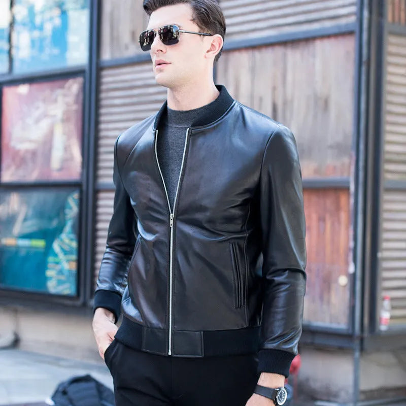 Men's black sheepskin leather baseball collar jacket with full sleeves and front zip closure