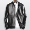 Men's black sheepskin leather baseball collar jacket with full sleeves and front zip closure