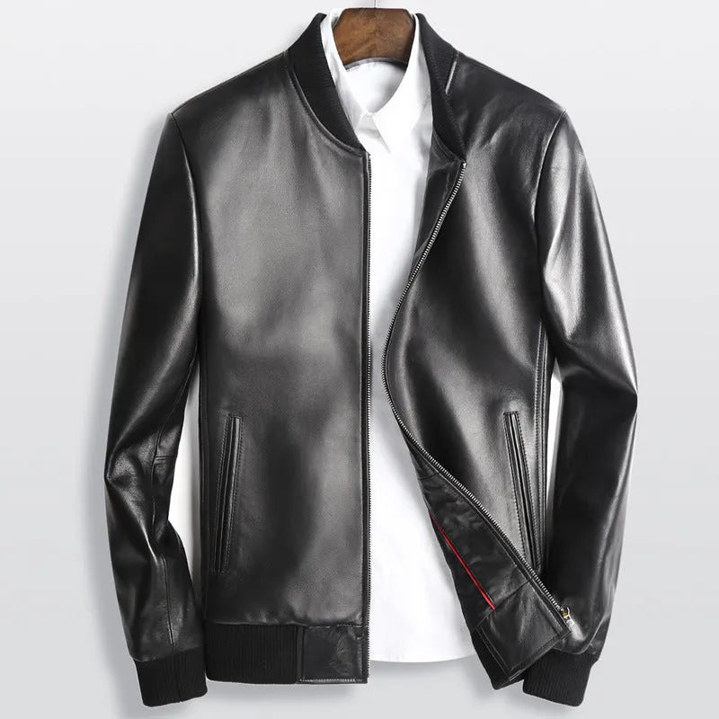 Men's black sheepskin leather baseball collar jacket with full sleeves and front zip closure