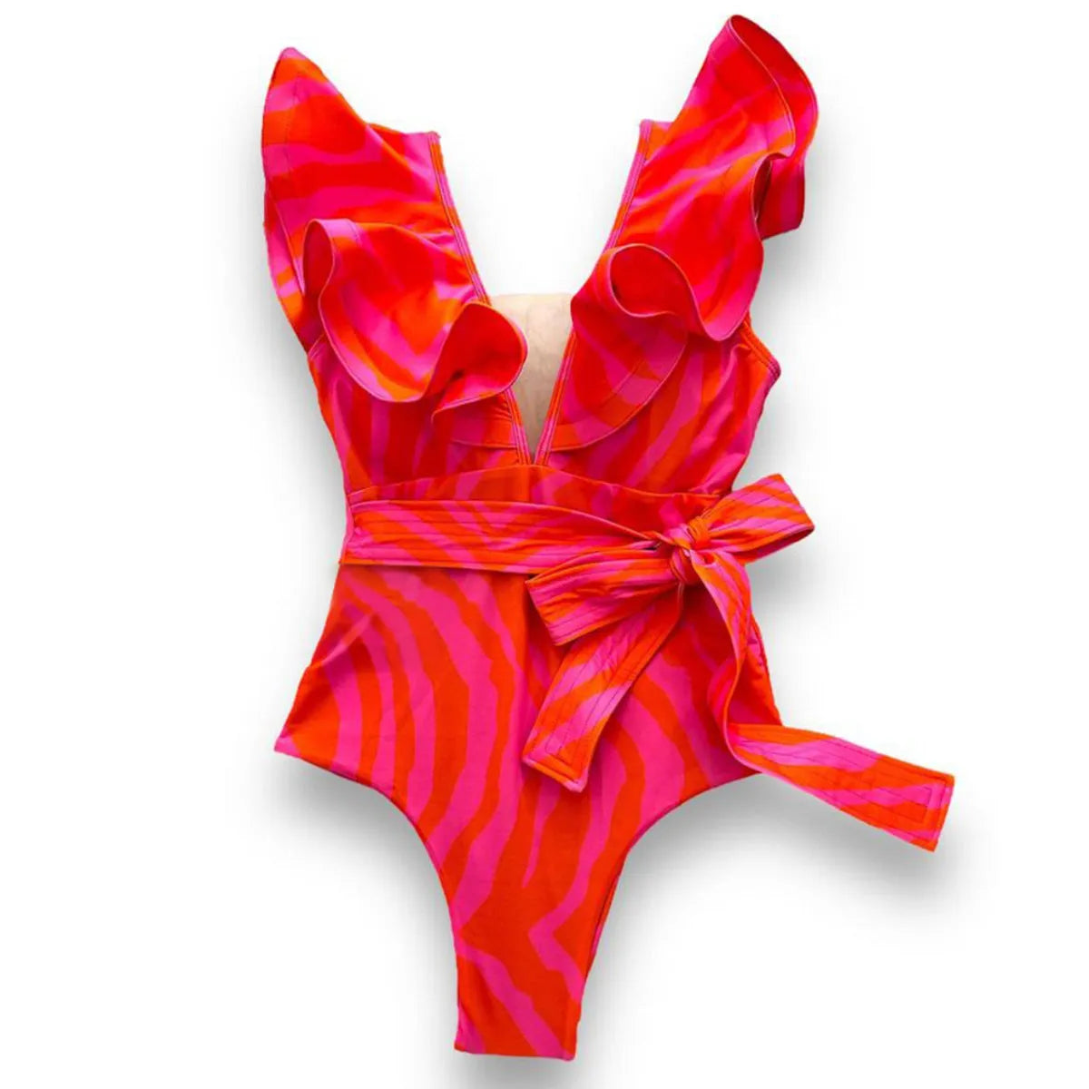 Women's one-piece swimsuit with ruffled straps, deep V-neck, and mesh stitching in a printing colour pattern.