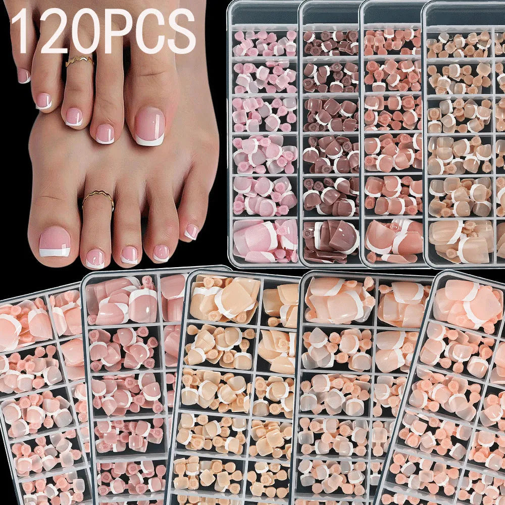 120 piece box of French white edge nude full square short press-on nails in nine colour shades