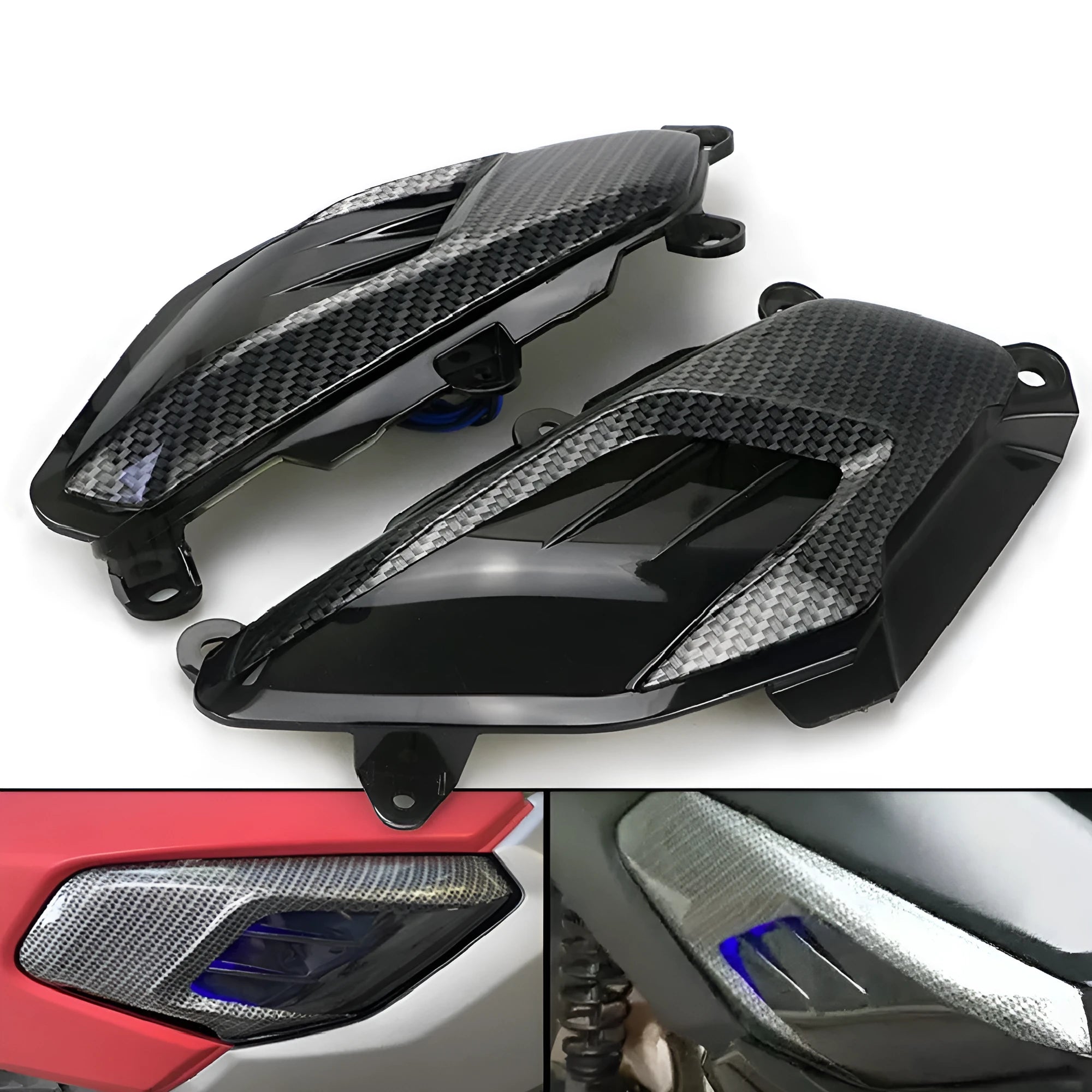 Pair of Yamaha NMAX side lamps with carbon fibre decoration and blue LED lights