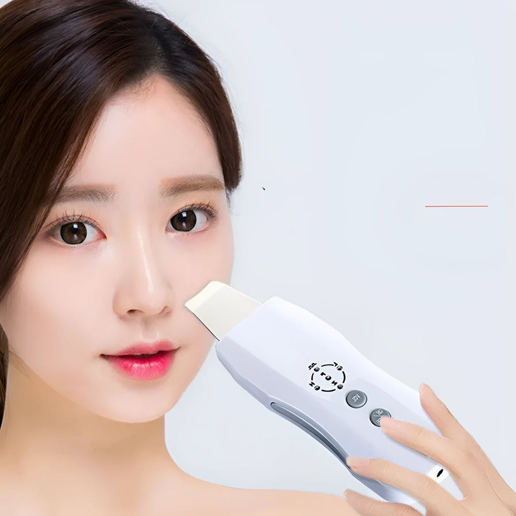 White ultrasonic facial cleanser with stainless steel head, 175x45x20mm, ABS body, EU/US plug