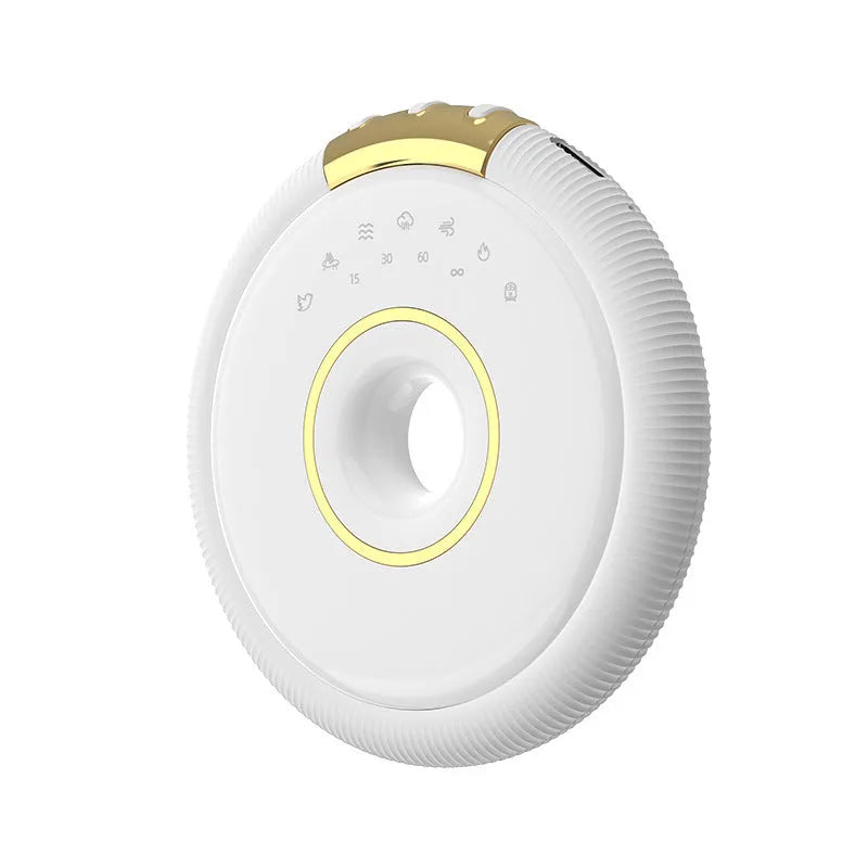 Bone conduction Bluetooth speaker mini in white, 80x80x13mm, with seven white noise tracks and Type-C charging