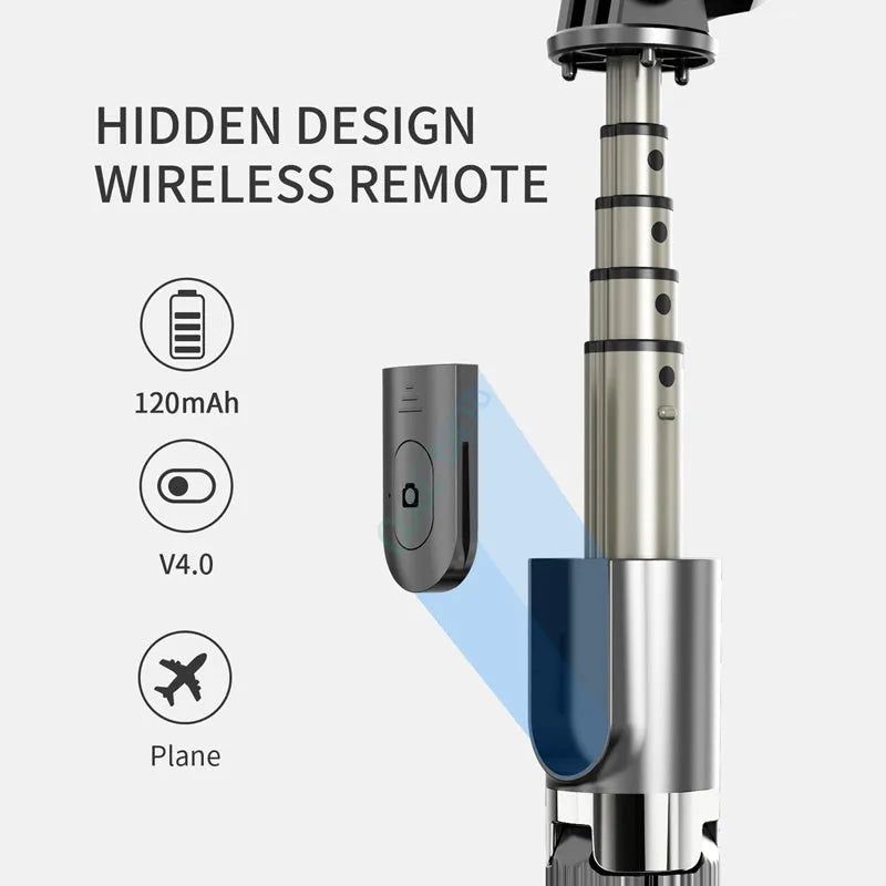 Black aluminium iPhone tripod selfie stick fully extended next to an iPhone.