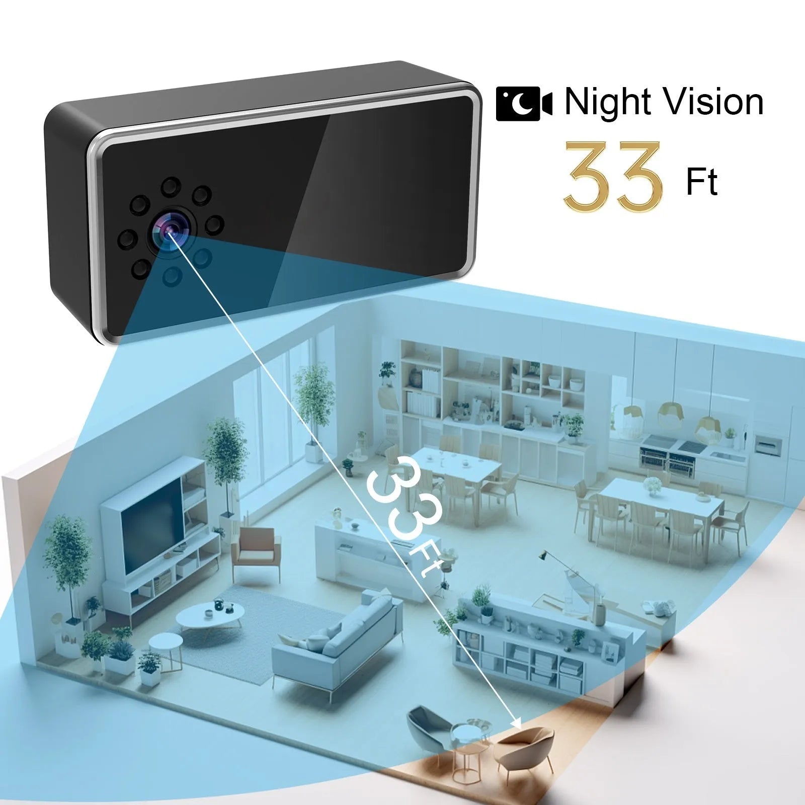 Wireless network surveillance camera showing front view with lens and compact rectangular housing