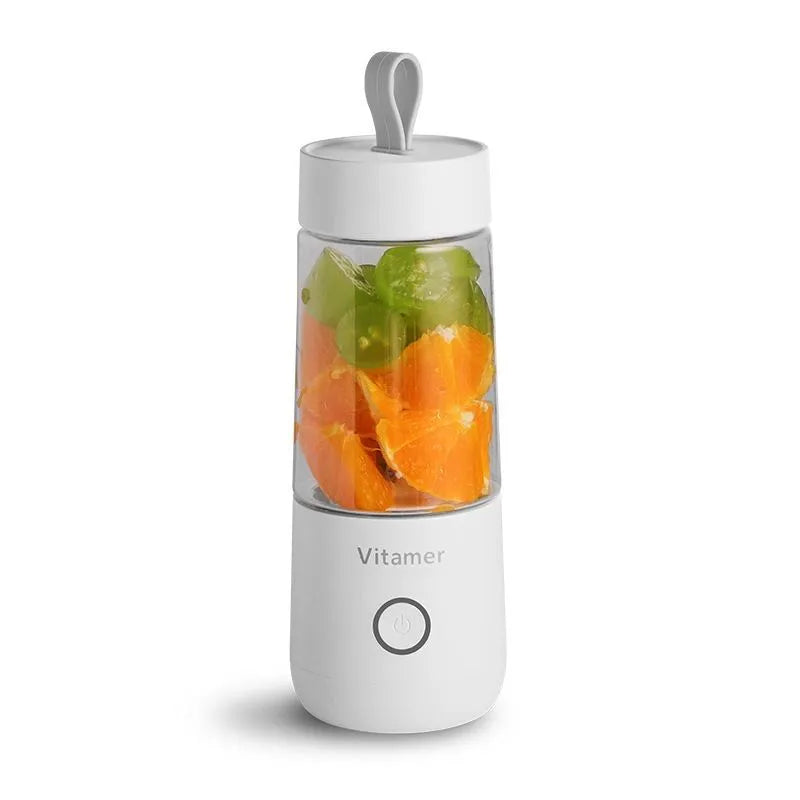 White portable USB blender bottle with silicone ring, 350ml capacity, and stainless steel blade on base.