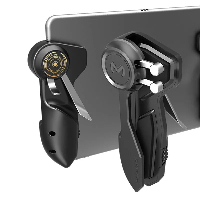 Black six-finger mobile game controller with adjustable triggers for iPad and smartphone tablets