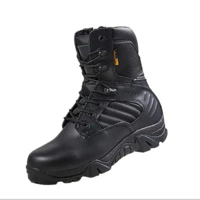 Delta high top army boots in black with cowhide leather upper, rubber sole, and cotton lining