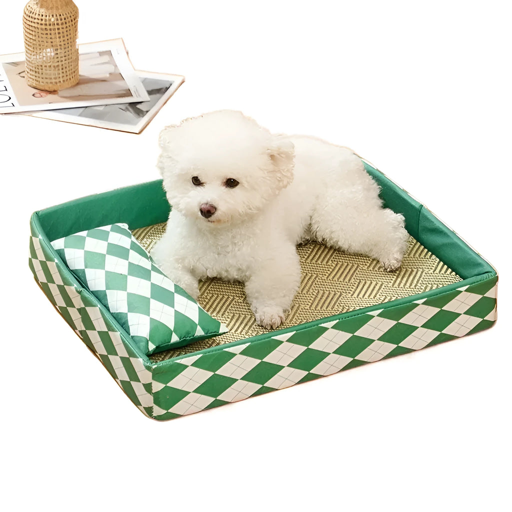 Blue rattan cat bed with removable cushion showing size options from small to extra large