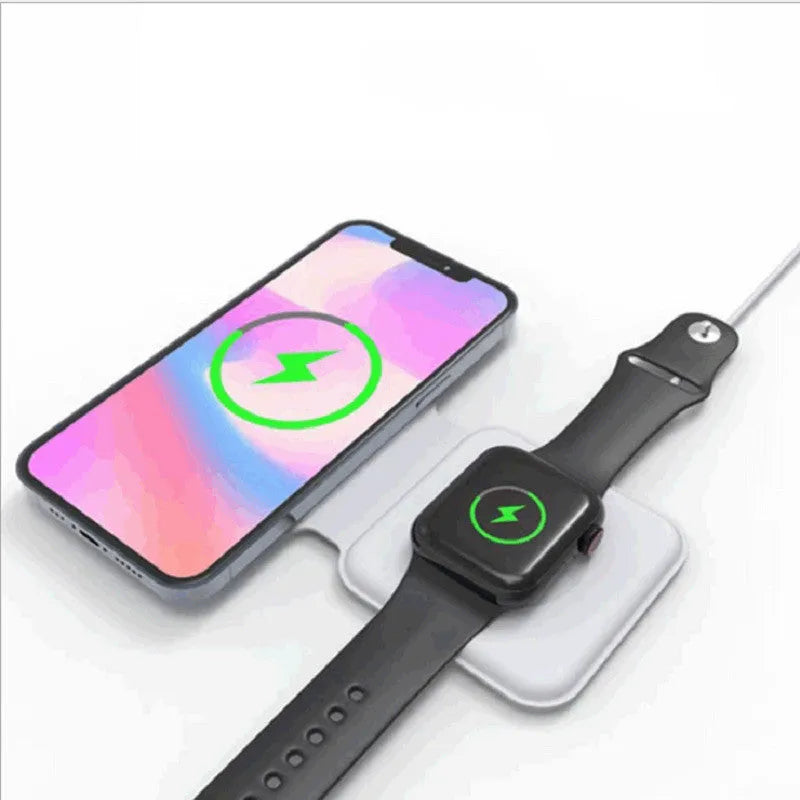 White foldable magnetic wireless charging dock showing two charging surfaces on a desk.