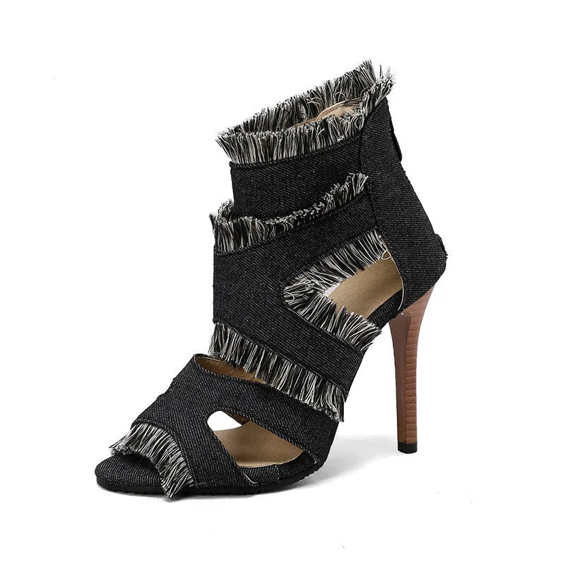 Denim plus size heeled sandals in leopard print pattern, size 38
