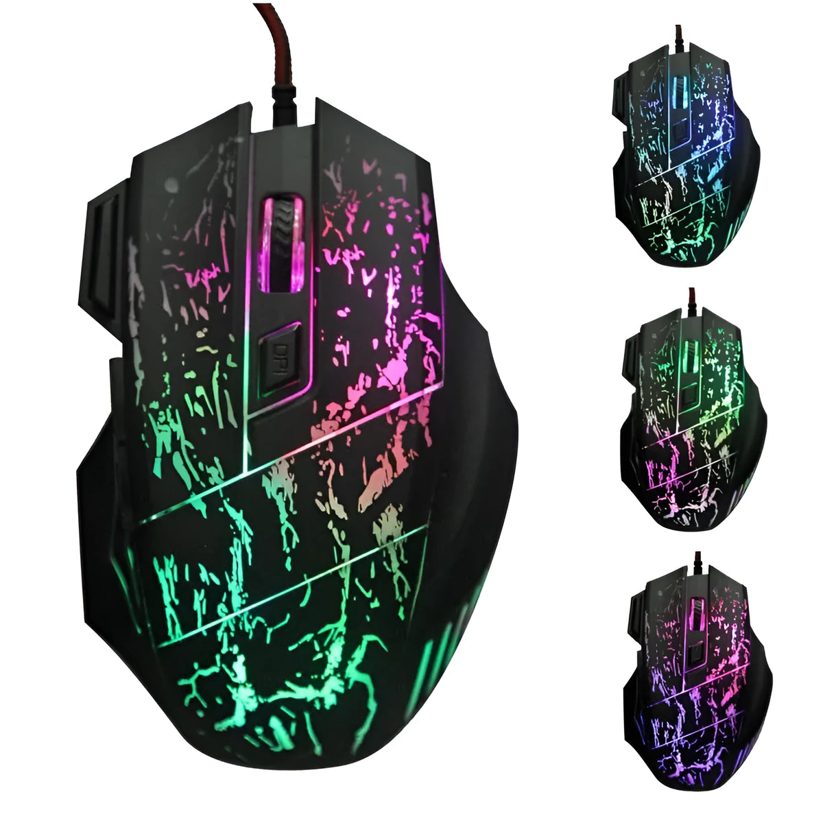 Black wired optical gaming mouse with transparent shell and luminous glow on a desk