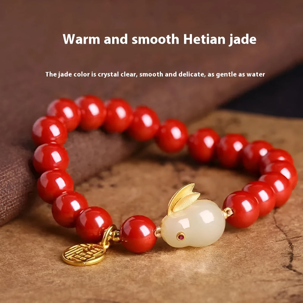 Purple gold sand cinnabar bracelet with a jade hare charm, shown with 6mm and 8mm bead size options.