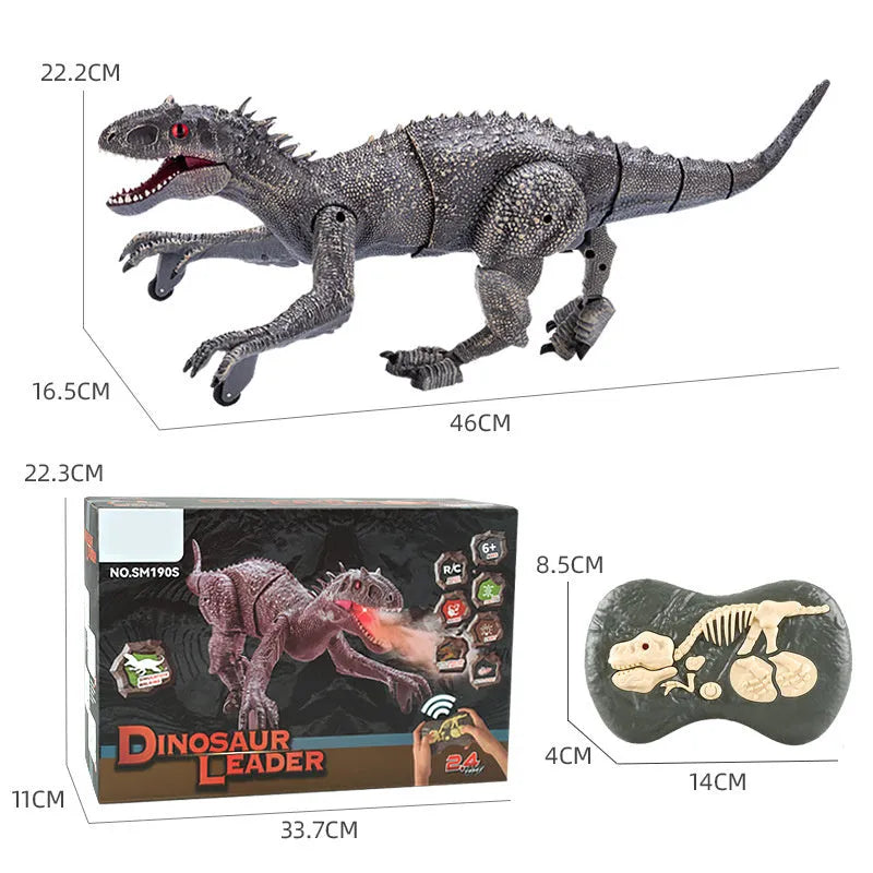 Simulated dinosaur model toy in grey with remote control, 3D eyeballs, and body swing features