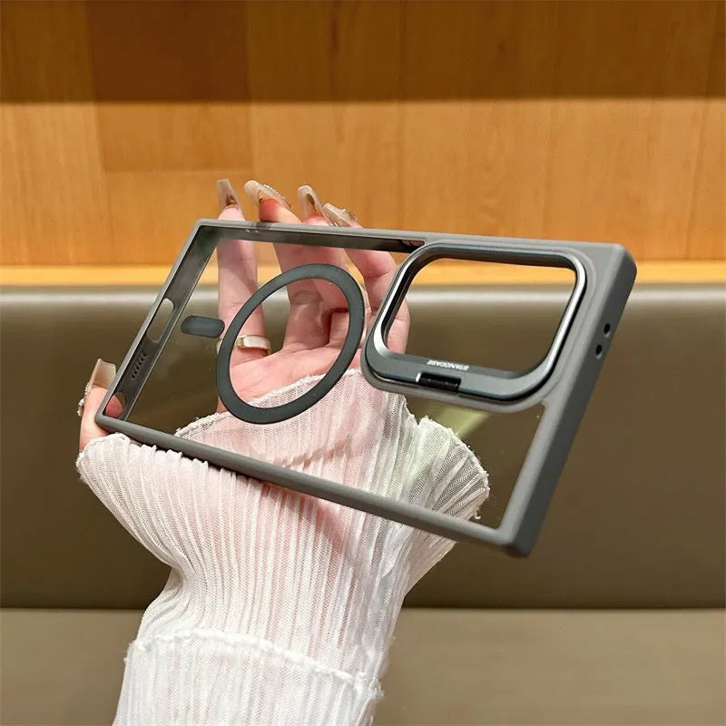 Transparent acrylic phone case for Samsung Galaxy with magnetic suction and invisible bracket, shown in black.