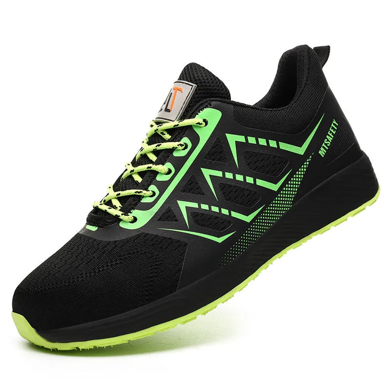 Black ultra-light labour protection safety shoes with steel toe cap and lace-up front