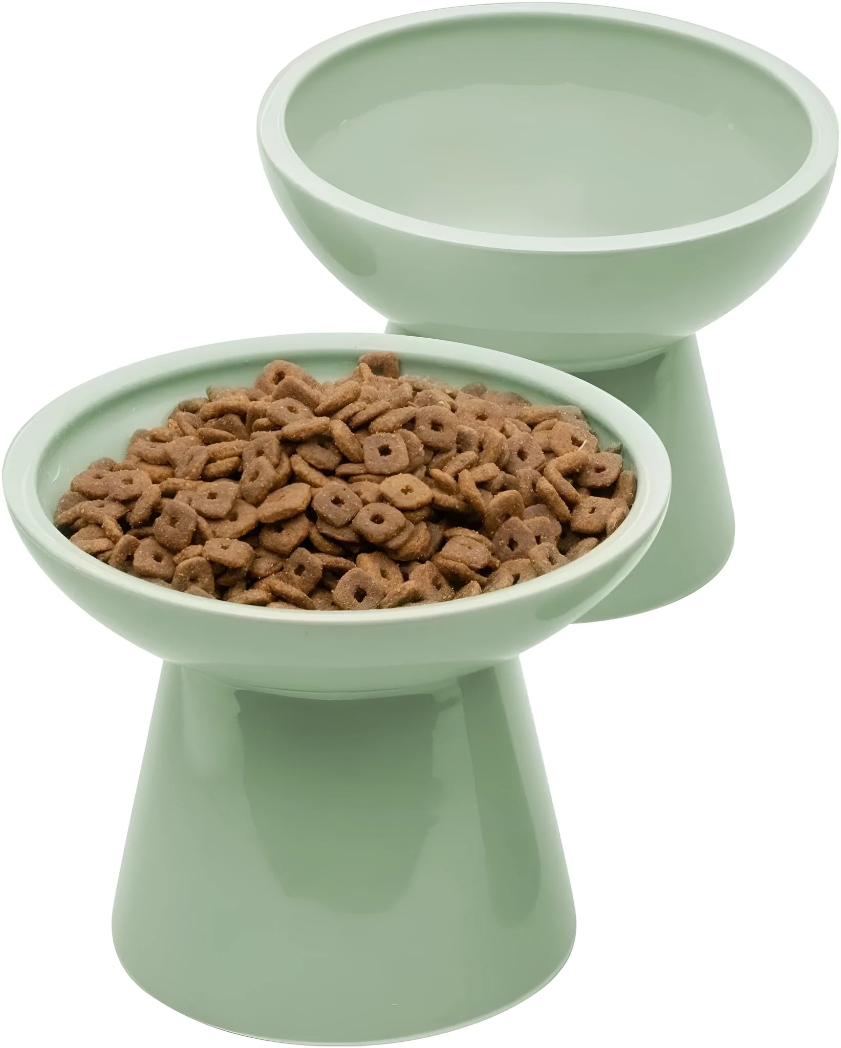 Blue elevated ceramic cat bowl with wide shallow dish for food or water.