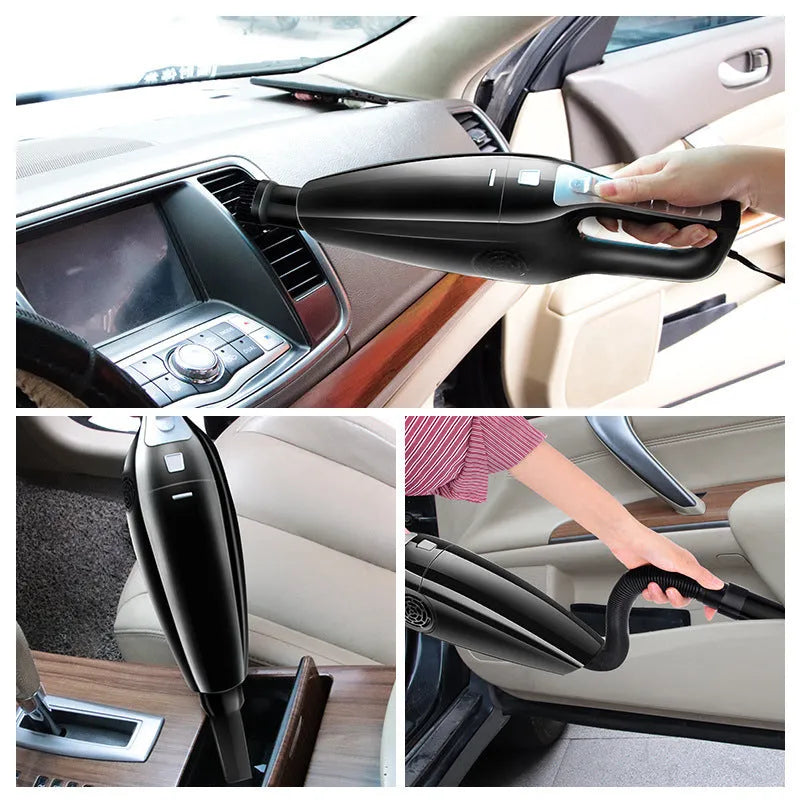Black handheld car vacuum cleaner with nozzle, powered by a 12V cigarette lighter plug.