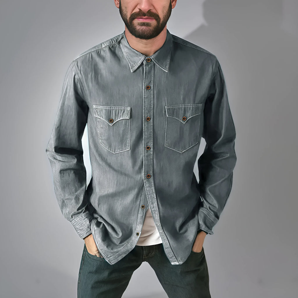 A man's regular fit denim cardigan coat in a khaki colour, shown on a hanger.