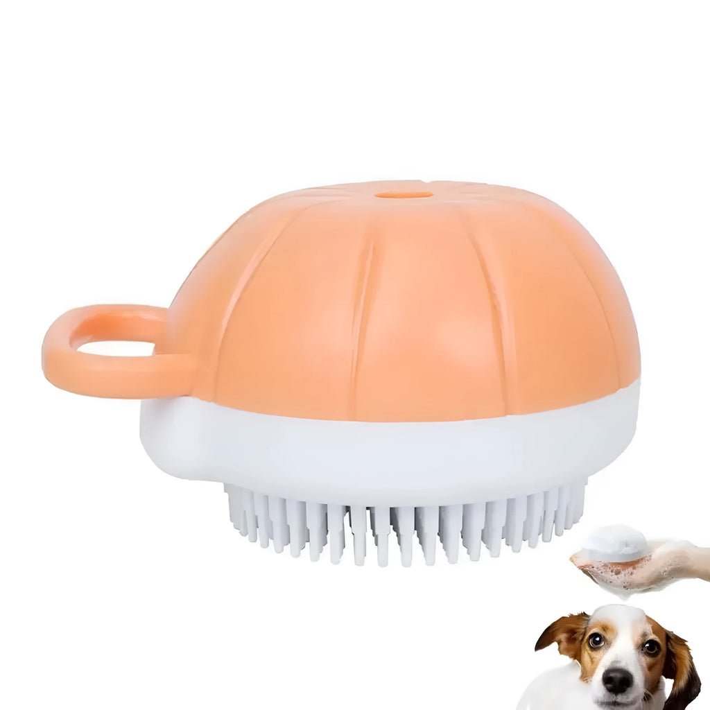 Orange TPR dog bath brush with shampoo dispenser and pumpkin-shaped grip for pet grooming