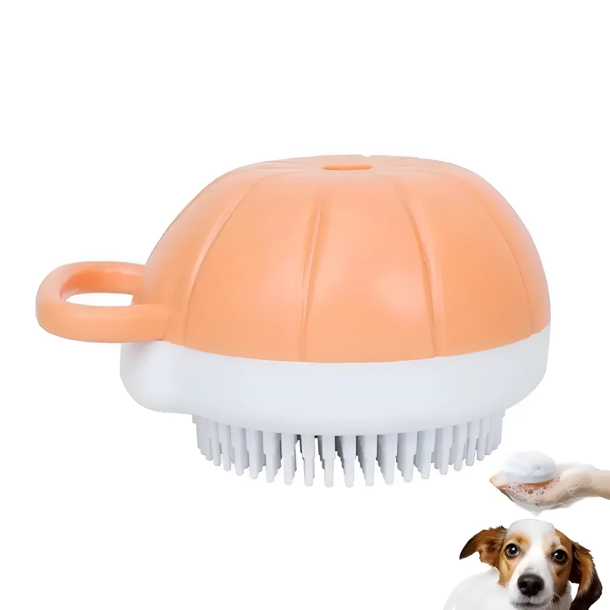 Orange TPR dog bath brush with shampoo dispenser and pumpkin-shaped grip for pet grooming