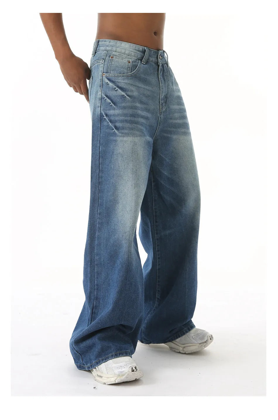 Men's retro washed light blue jeans, loose straight wide leg, mid waist, zipper fly, cotton blend