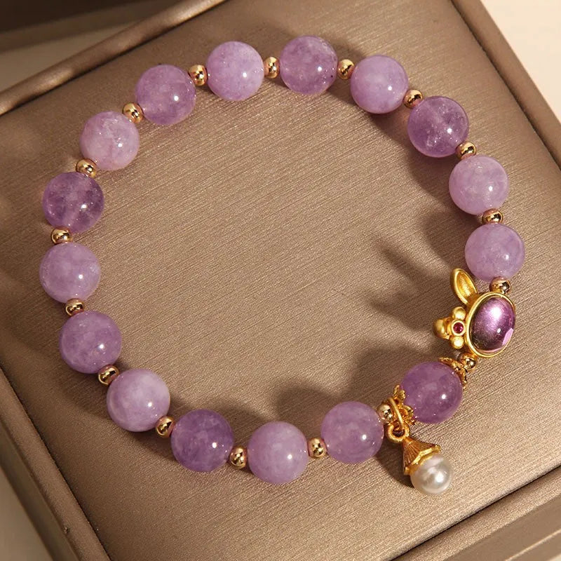 Mori style crystal bracelet with purplish red jade hare head design