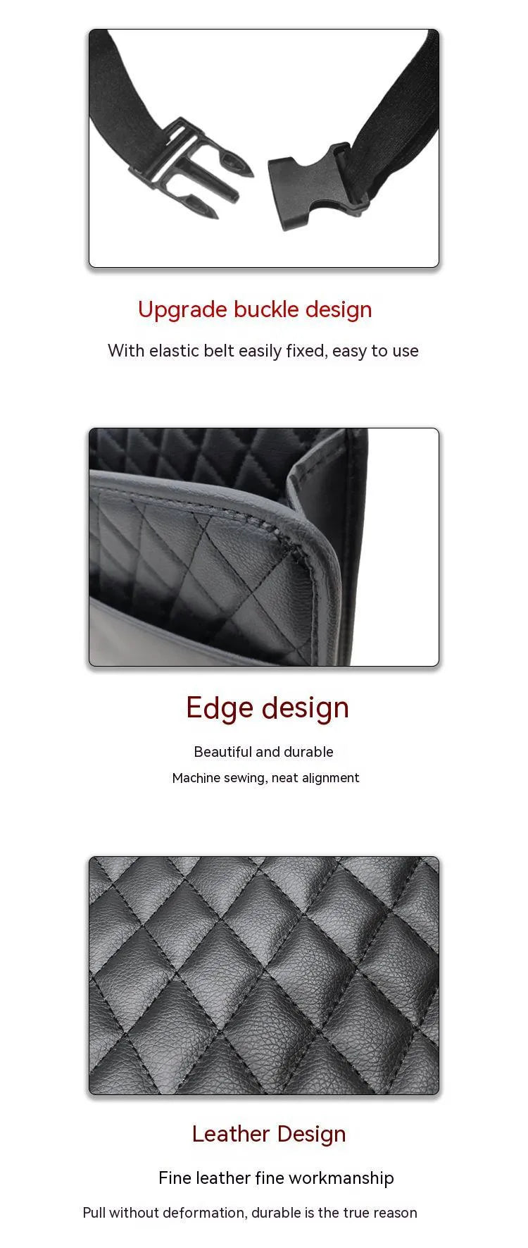 Black leather hanging storage bag attached to a car seat headrest.