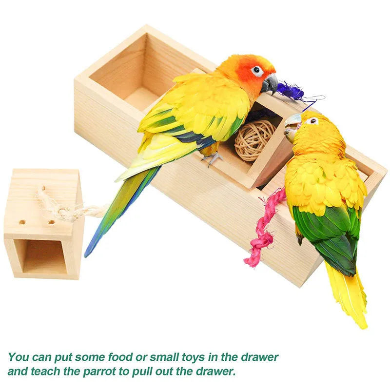Wooden parrot puzzle toy set with multiple pieces for bird foraging enrichment