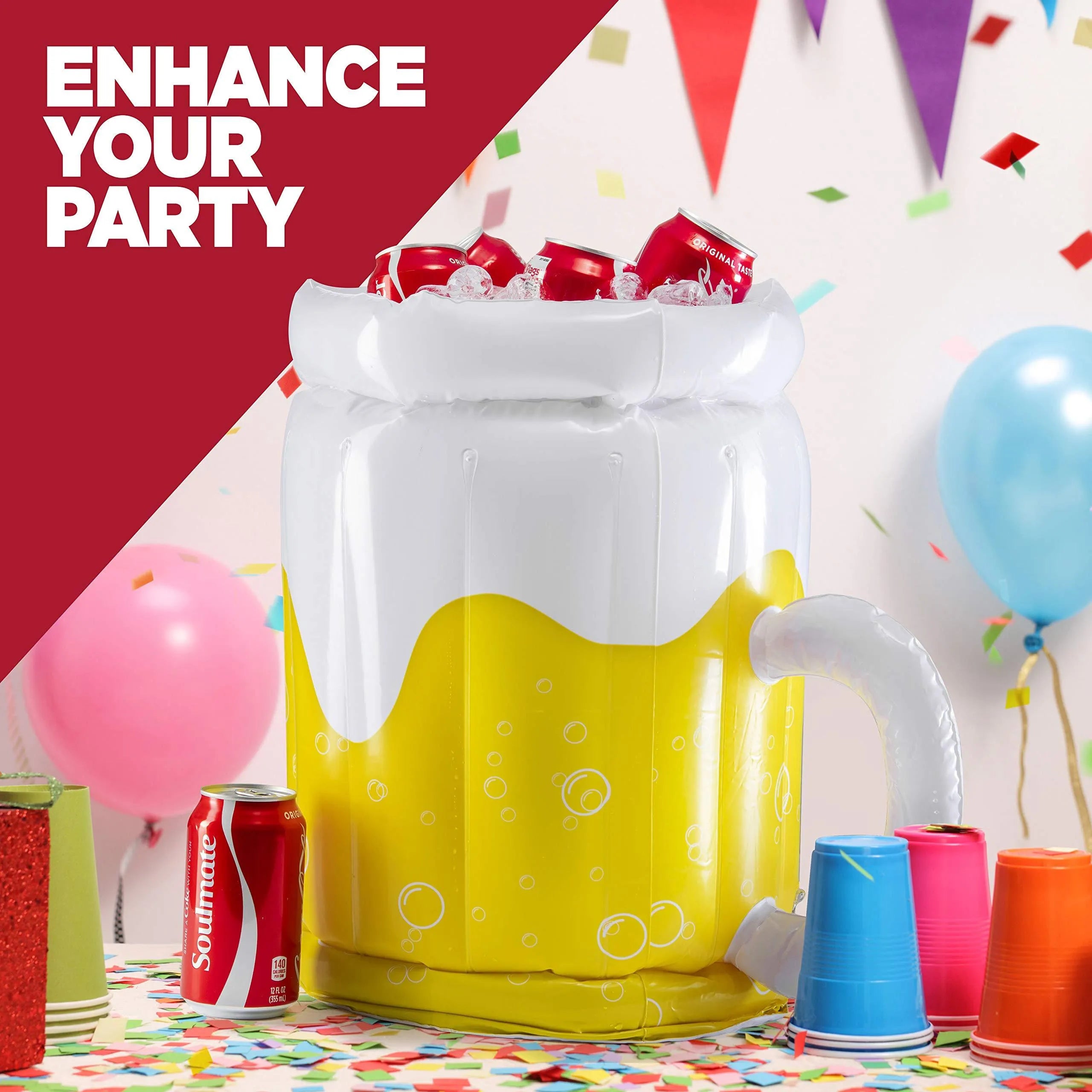 Yellow PVC inflatable beer mug shaped pool float cooler with drink holders