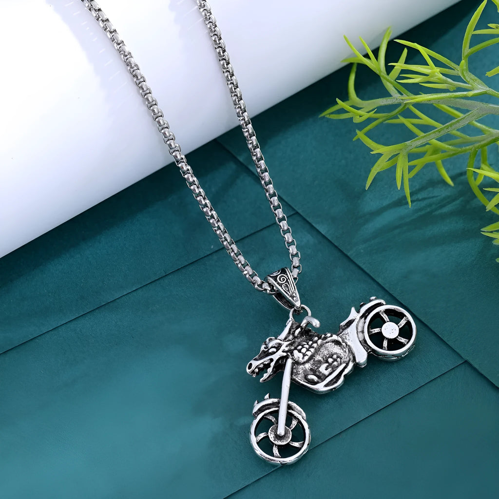 Men's punk necklace with silver alloy motorcycle pendant, biker style jewellery.