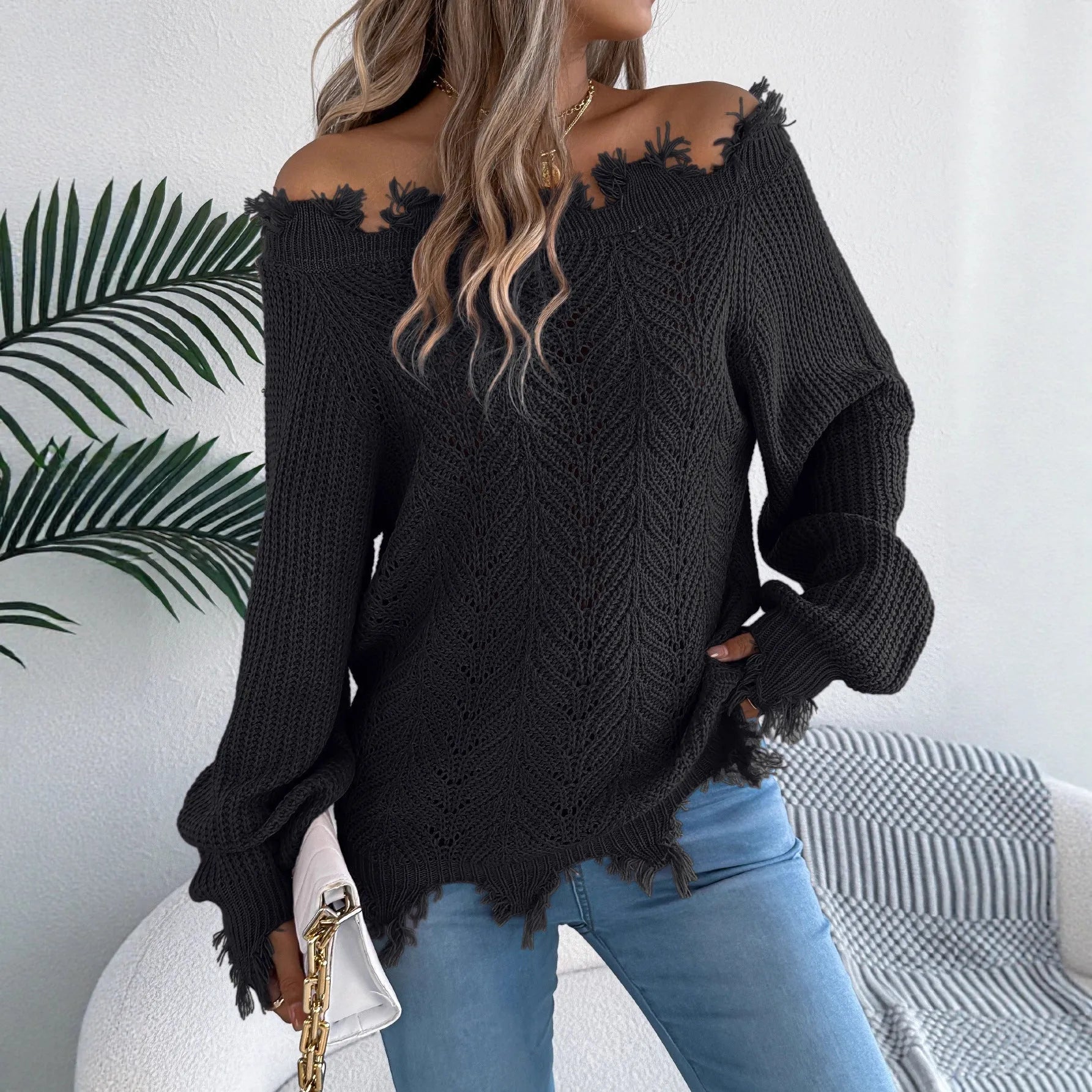 Women's white hollow-out cut off shoulder pullover sweater with long sleeves