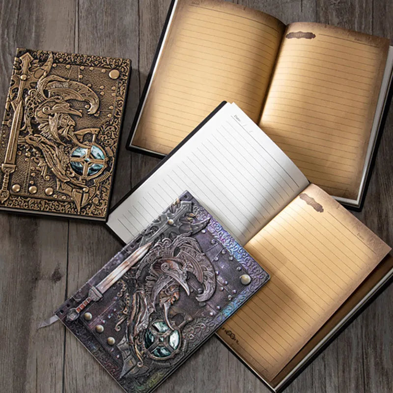 A5 leather notebook with an embossed 3D warriors relief design on the cover in bronze colour.