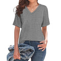 Grey loose fit V-neck short sleeve t-shirt with a chest pocket on a hanger.
