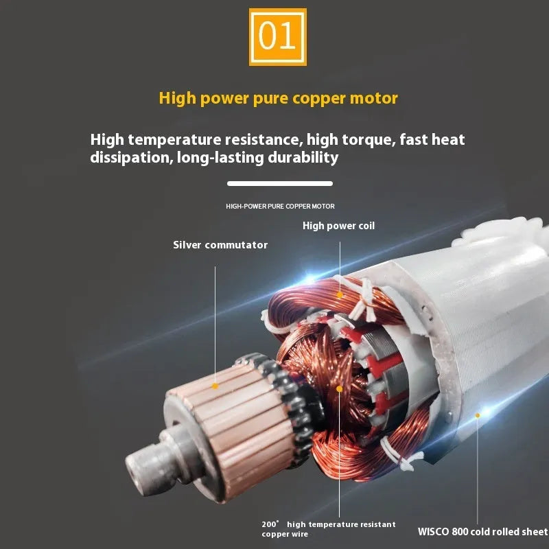 125mm household angle grinder with 1050W motor, 11000 RPM cut-in speed, and 14mm spindle for cutting and polishing.