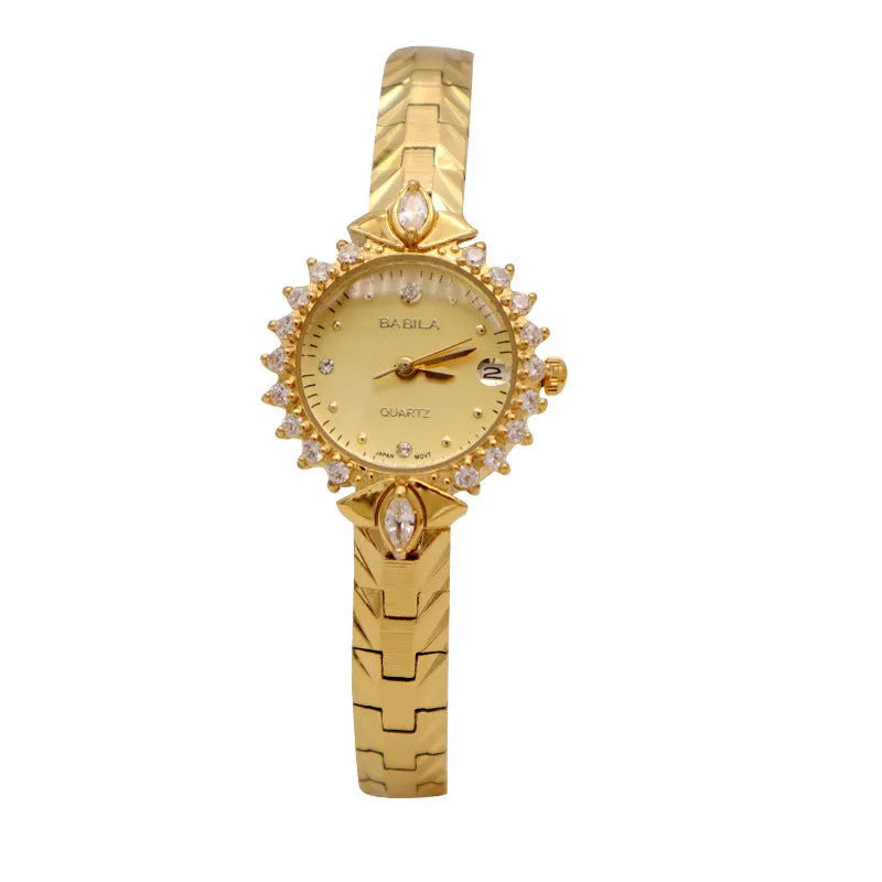 Vintage quartz bracelet watch with diamond-embossed detailing and golden face