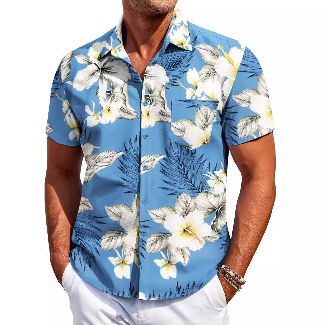 Men's slim fit Hawaiian short sleeve shirt in a cardigan style.