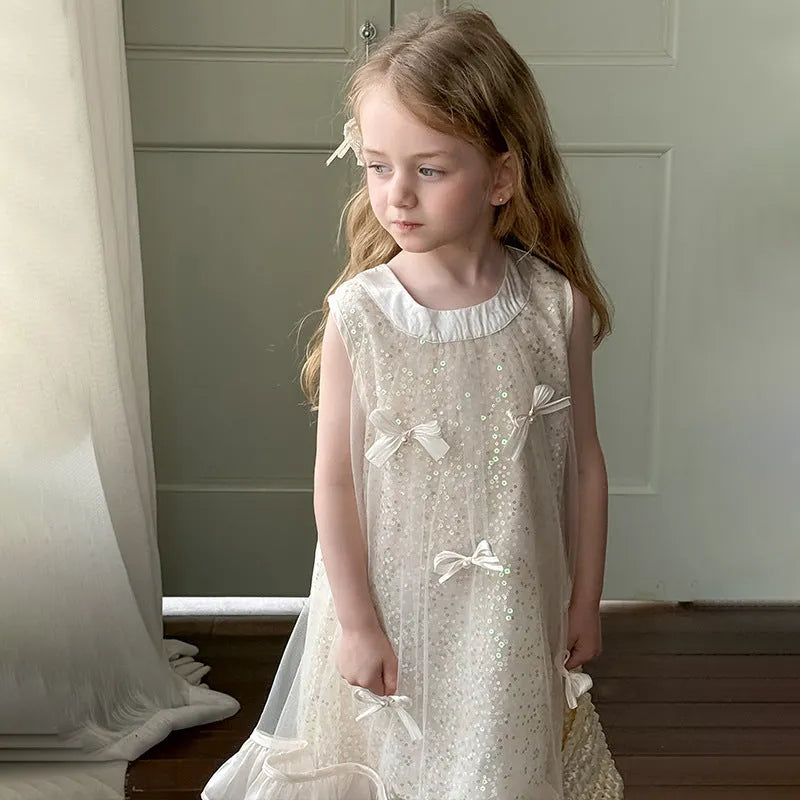 Girls super fairy bow sequins princess dress in beige, cotton-lined summer dress for children 90-130cm