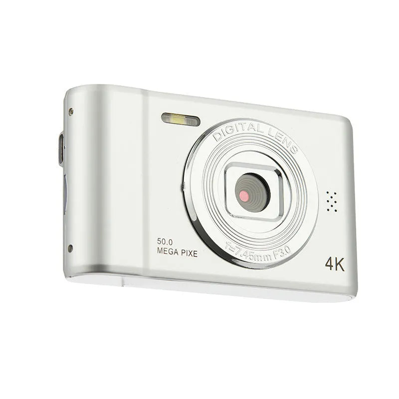 Retro digital selfie camera with 48 million pixels and 4K, ABS body, available in black, silver, ivory white, or pink.