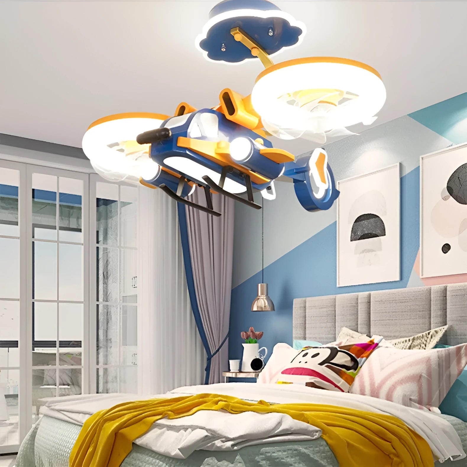 Modern ceiling fan light with acrylic shade and metal blades for bedroom installation with remote control