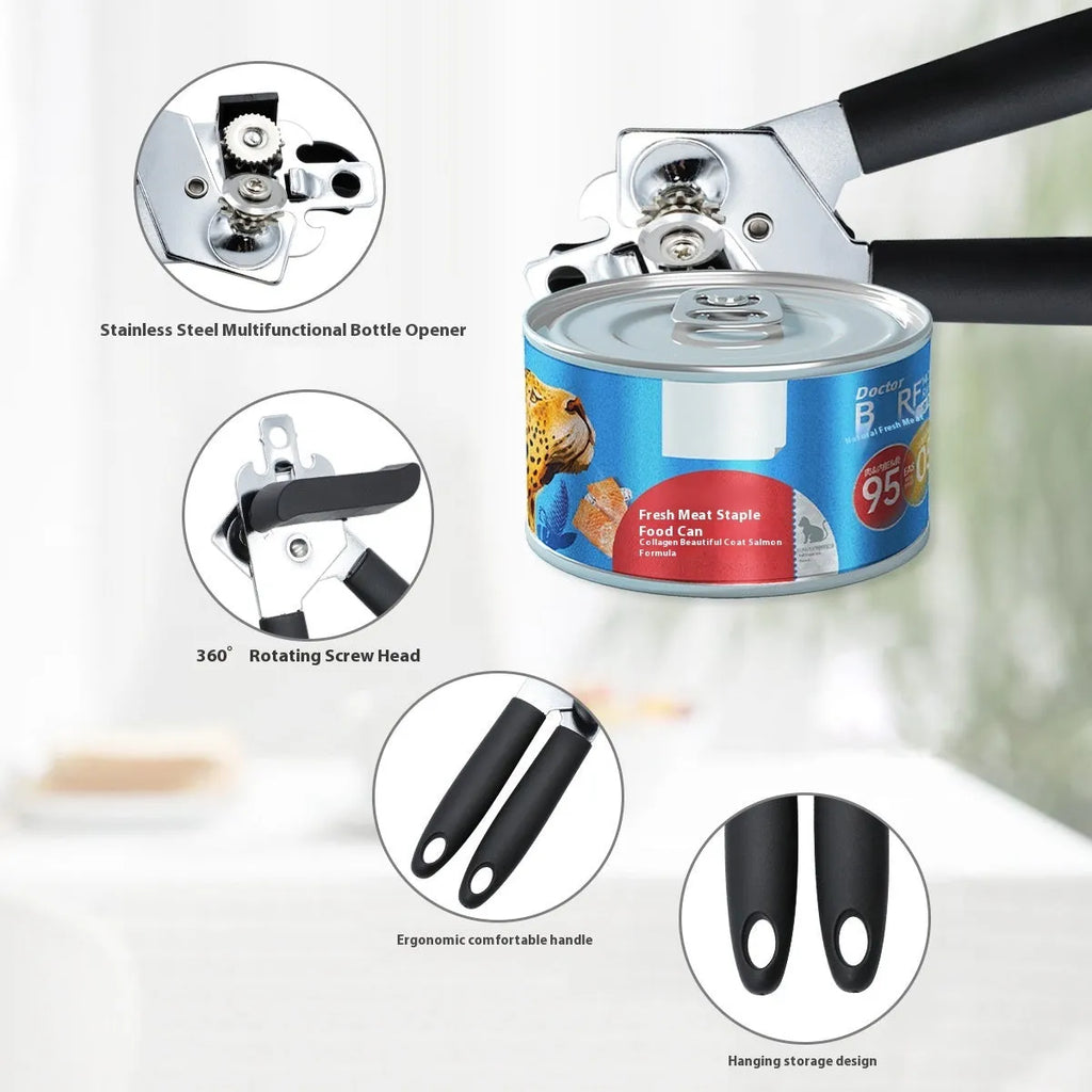 Black PP and iron plating can opener and bottle opener 18.5 x 5 cm on white background