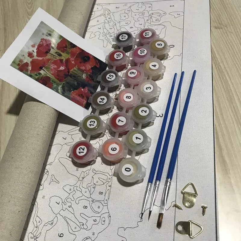 DIY digital painting kit showing 40x50cm frameless canvas with body art design, three brushes, and two hooks.