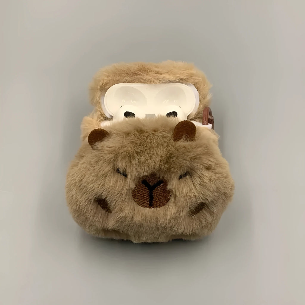 Three-dimensional plush brown capybara earphone sleeve for Apple AirPods with embossed TPU cover